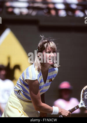 Chris Evert in Aktion bei den Clairol Krone-Tennis-Turnier in La Costa Resort in Carlsbad, Kalifornien im April 1981. Stockfoto