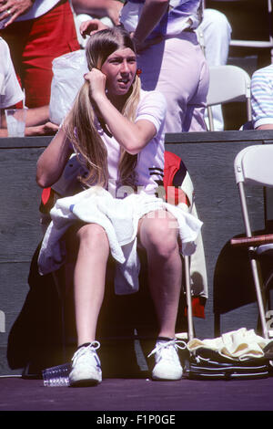 Andrea Jaeger in Aktion bei den Clairol Krone-Tennis-Turnier in La Costa Resort in Carlsbad, Kalifornien im April 1981. Stockfoto