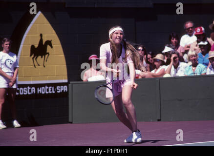 Andrea Jaeger in Aktion bei den Clairol Krone-Tennis-Turnier in La Costa Resort in Carlsbad, Kalifornien im April 1981. Stockfoto