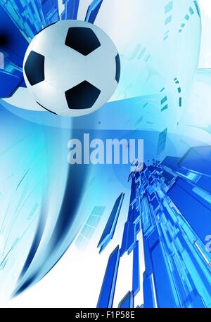 Fußball blauer Hintergrund / Europäische Fußballturnier blauer Hintergrund / Layout. Vertikales Design mit 3D gerenderte Elemente. Stockfoto