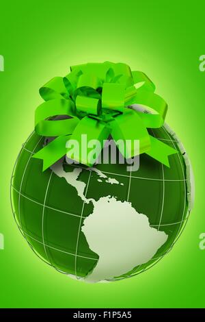 Planet-Geschenk. Grünen ökologischen Thema mit Earth-Modell mit grünen Bogen. Vertikale Eco Design. Leuchtenden grünen Hintergrund. 3D Render-illu Stockfoto