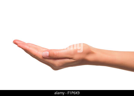 Öffnen Sie die Hand einer Frau, Handfläche nach oben. Stockfoto