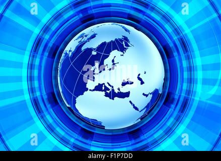 Euro News Hintergrund. Europäischen Kontinent - Globus ist Model und blaue glänzende Strahlen Hintergrund. Ideal für Radio/TV-Sendung Verwandte Artw Stockfoto