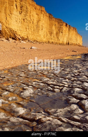 Blick auf Kalkstein Pflaster und ikonischen Sandsteinfelsen im Burton Bradstock Beach auf Dorset Jurassic Coast in England, UK Stockfoto