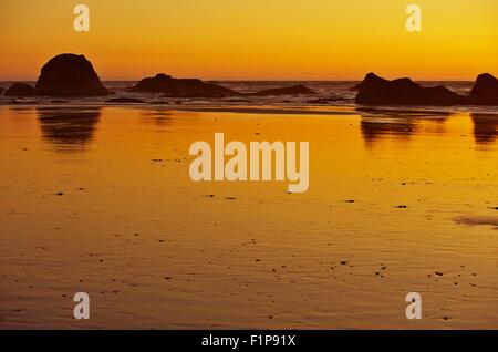 Orange Ocean Sunset - nassen Sandstrand des Pazifischen Ozeans. Sonnenuntergänge Fotosammlung. Stockfoto