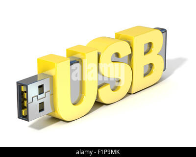 USB-Flash-Speicher, mit dem Wort USB gemacht. 3D-Render Abbildung isoliert auf weißem Hintergrund Stockfoto
