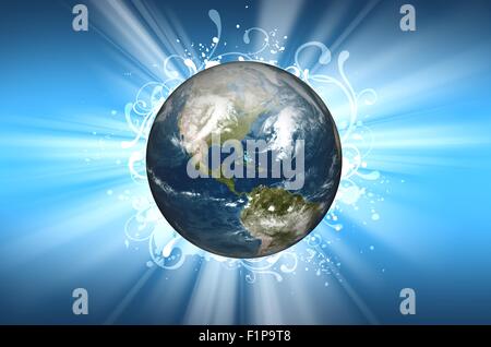 Planet Erde-Hintergrund-Design. Cool Planet Erde in der Mitte, Sonne Licht und florale Ornamente auf. Stockfoto