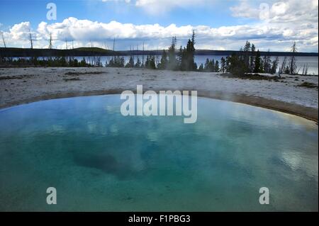 Yellowstone Poolbecken - West Yellowstone Daumen Landschaft. Heißen dampfenden Pool und Lake Yellowstone im Hintergrund. Wyoming-Ph Stockfoto