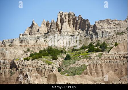 Badlands-Formationen - erodierten Sandstein. Die Badlands bildeten sich durch die geologischen Kräfte der Ablagerung und Erosion. Badlands, SD Stockfoto