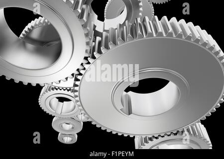Stahlzahnräder Hintergrund. Technik-Hintergrund mit Stahl Zahnräder auf einfarbigen schwarzen Hintergrund. 3D gerenderte Darstellung. Stockfoto