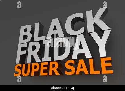 Schwarzer Freitag Super Sale 3D Schriftzug auf dunkelgrauen Hintergrund. Super Orangenverkauf Briefe. 3D gerenderte Darstellung. Stockfoto