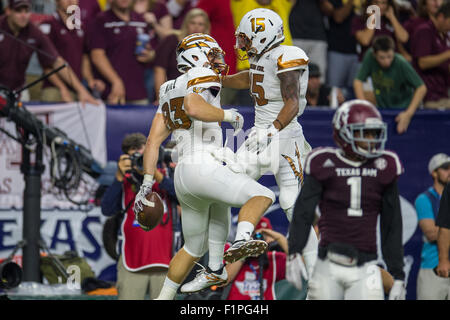 Houston, TX, USA. 5. Sep, 2015. Arizona State Sun Devils-Tight-End Kody Kohl (83) feiert seinen Touchdown Fang mit Arizona State Sun Devils Wide Receiver Devin Lucien (15) im 1. Halbjahr der NCAA Football-Spiel zwischen den Texas A & M Aggies und die Arizona State Sun Devils NRG-Stadion in Houston, TX. Trask Smith/CSM/Alamy Live-Nachrichten Stockfoto