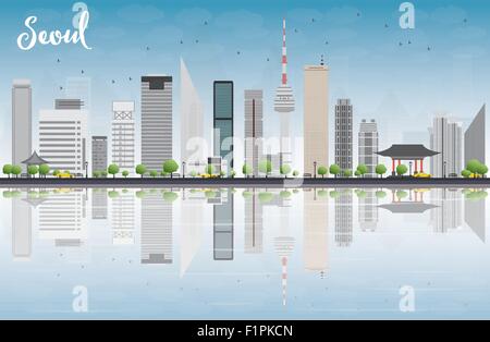 Seoul-Skyline mit grauen Gebäude, blauer Himmel und Reflexionen. Vektor-illustration Stock Vektor