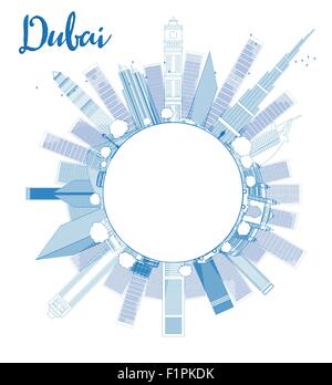 Übersicht Dubai City Skyline mit blauen Wolkenkratzer und Textfreiraum. Vektor-illustration Stock Vektor