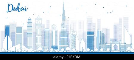 Übersicht Dubai City Skyline mit blauen Wolkenkratzer. Vektor-illustration Stock Vektor