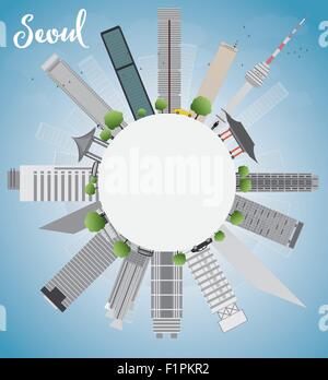 Skyline von Seoul mit grauen Gebäude, blauer Himmel und textfreiraum Vektor-illustration Stock Vektor