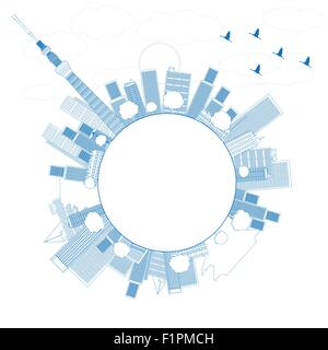 Übersicht der Tokioter Skyline mit Wolkenkratzern und Sonne Vektor-illustration Stock Vektor