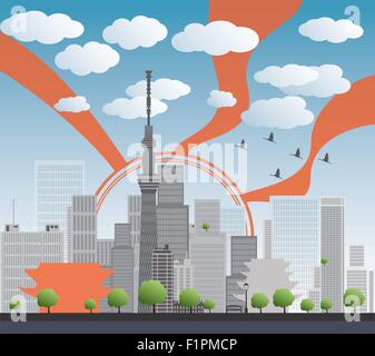 Tokioter Skyline mit Wolkenkratzern und Sonne Vektor-illustration Stock Vektor