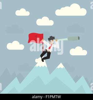 Geschäftsmann mit roten Fahne oben auf dem Berg Blick durch ein Fernglas, Vektor-illustration Stock Vektor