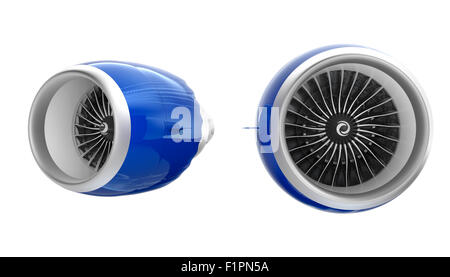Zwei Jet-Turbofan-Triebwerke mit blauen Kutte isoliert auf weißem Hintergrund.  Clipping-Pfad zur Verfügung. Stockfoto