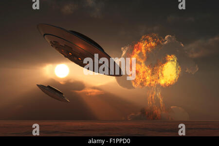 Erhöhte UFO-Aktivitäten seit dem Atomzeitalter. Stockfoto