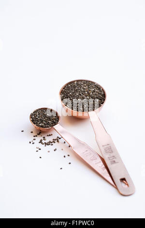 Salvia Hispanica Samen. Chia-Samen in Meausuring Löffel. Stockfoto