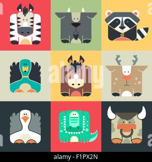 Stellen Sie quadratische Icons von niedlichen Tieren Stock Vektor