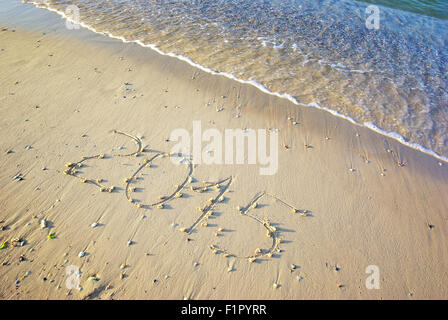 2015-Inschrift auf dem Sand am Meer. Stockfoto