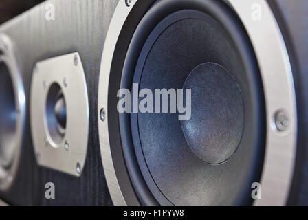 Center-Lautsprecher-Nahaufnahme. Bestandteil einer Mehrkanal-Lautsprecher-System. Stockfoto