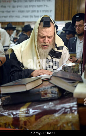 Ein sehr religiösen jüdischen Mann führt die Gemeinde in Morgen Dienstleistungen in einer Synagoge in Brooklyn, New York Stockfoto