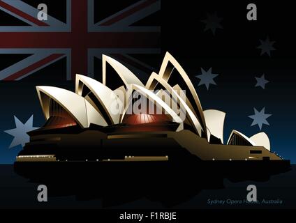 Sydney Opernhaus in der Nacht mit der australischen Flagge im Hintergrund. Stock Vektor