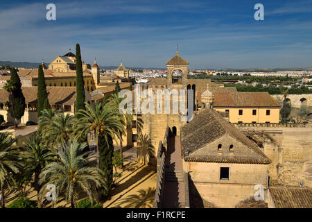 Blick auf Tower Hommage und Cordoba Kathedrale Moschee vom Turm des Löwen Alcazar Stockfoto