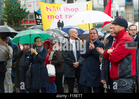 Stockholm, Schweden, 6. September 2015. Flüchtlinge willkommen - schwedische Solidarität Manifestation auf Medborgarplatsen. Premierminister von Schweden, Stefan Lofven. Bildnachweis: Barbro Bergfeldt/Alamy Live-Nachrichten Stockfoto