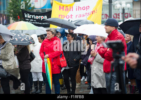 Stockholm, Schweden, 6. September 2015: Flüchtlinge aufzunehmen - schwedische Solidarität Manifestation auf Medborgarplatsen. Minister für Beschäftigung, Ylva Johansson. Bildnachweis: Barbro Bergfeldt/Alamy Live-Nachrichten Stockfoto