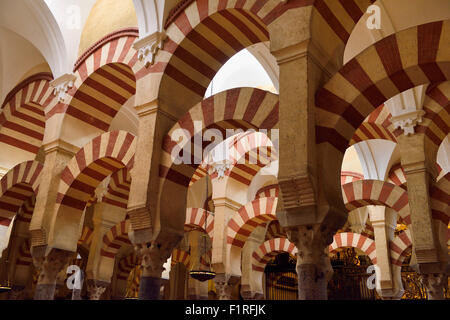 Decke mit doppelten Bögen aus weißem Stein und rotem Backstein im Gebet Hall von Cordoba Moschee jetzt Maria Himmelfahrt Kathedrale katholische Kirche Spanien Stockfoto