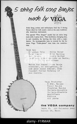 Volksmusik-EPHEMERA, ca. 1960er Jahre.  PRINT-ANZEIGE FÜR VEGA BANJOS. Mit freundlicher Genehmigung Granamour Weems Sammlung. Nur zur redaktionellen Verwendung. Lizenznehmer muss entsprechende Berechtigungen und Freigaben erhalten, vor der Verwendung dieses Fotos. Keine Rechte gewährt oder impliziert. Stockfoto