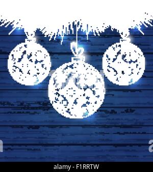 Weihnachtskugeln in Schneeflocken auf blauem Hintergrund aus Holz gemacht Stock Vektor