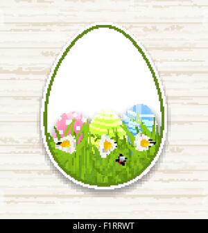 Ostereier-Papier-Aufkleber mit grünem Rasen und Blumen Stock Vektor