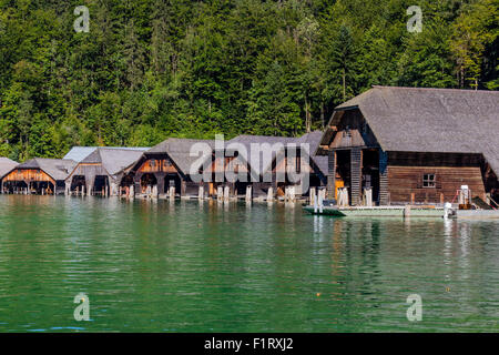 Das Dock von See Obersee, Königssee Nationalpark, Bayern, Deutschland Stockfoto