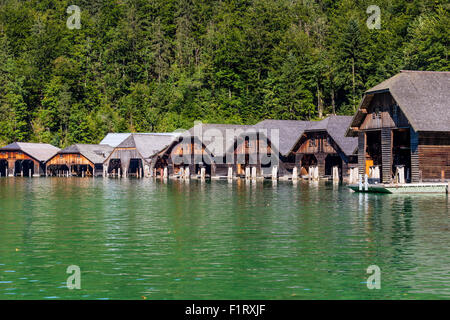 Das Dock von See Obersee, Königssee Nationalpark, Bayern, Deutschland Stockfoto