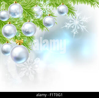 Blau und Silber abstrakt Christbaumkugel Christbaumkugeln Ornamente festliche Design-Hintergrund mit Weihnachtskugel Weihnachtskugeln hangin Stockfoto