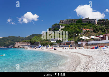 Strand Le Ghiaie, Forto Falcone Festung, Portoferraio, Insel Elba, Provinz Livorno, Toskana, Italien, Europa Stockfoto