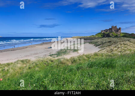 Bamburgh Castle in den Dünen, früh Sommernachmittag, Northumberland, England, Vereinigtes Königreich, Europa Stockfoto