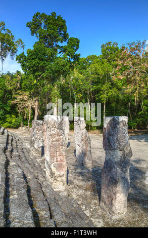 Stelen vor Struktur 2, Maya-Ausgrabungsstätte Calakmul, UNESCO-Weltkulturerbe, Campeche, Mexiko, Nordamerika Stockfoto