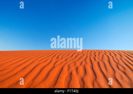 Detail der Wellen in einer roten Sanddüne an einem klaren Tag. Fotografiert im Northern Territory in Australien. Stockfoto