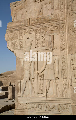 Basrelief der Götter Sobek rechts und Horus links, Tempel von Haroeris und Sobek, Kom Ombo, Ägypten, Nordafrika, Afrika Stockfoto
