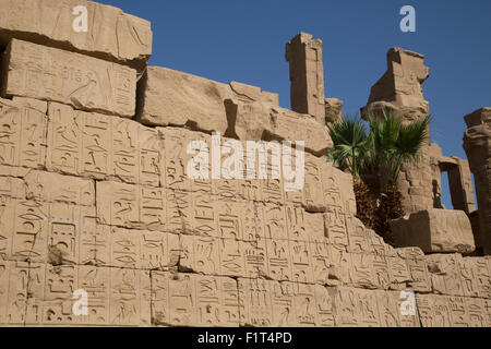 Hierogylphics an Wand gegenüber Cachette Gericht, Karnak Tempel, Luxor, Theben, UNESCO-Weltkulturerbe, Ägypten, Nordafrika Stockfoto