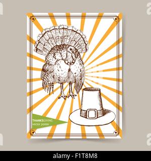 Skizze-Thanksgiving-Truthahn und Hut im Vintage-Stil, Vektor-Plakat Stock Vektor
