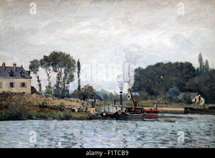 Boote an der Schleuse in Bougival 1873 von Alfred Sisley 1839-1899.Impressionistischer Landschaftsmaler, geboren in Frankreich, aber mit britischer Staatsbürgerschaft. Stockfoto