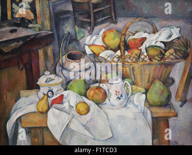 The Kitchen Table, 1889 postimpressionistisches Ölgemälde eines Korbes mit Obst und Geschirr auf einem Holztisch von Paul Cézanne 1839-1906 Stockfoto